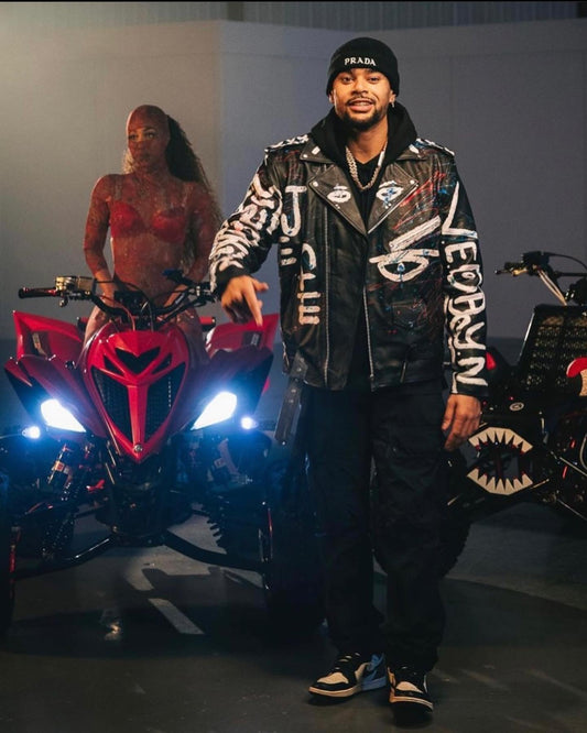 Vedayn Hand-Painted Leather Jacket – Black & White & Blue